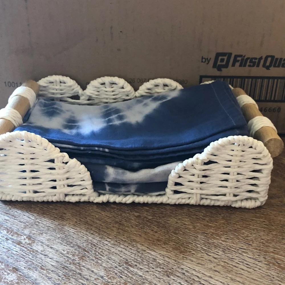 Blue Tie-Dye Cotton Napkins & White Wicker Napkin Holder set - Home Accents